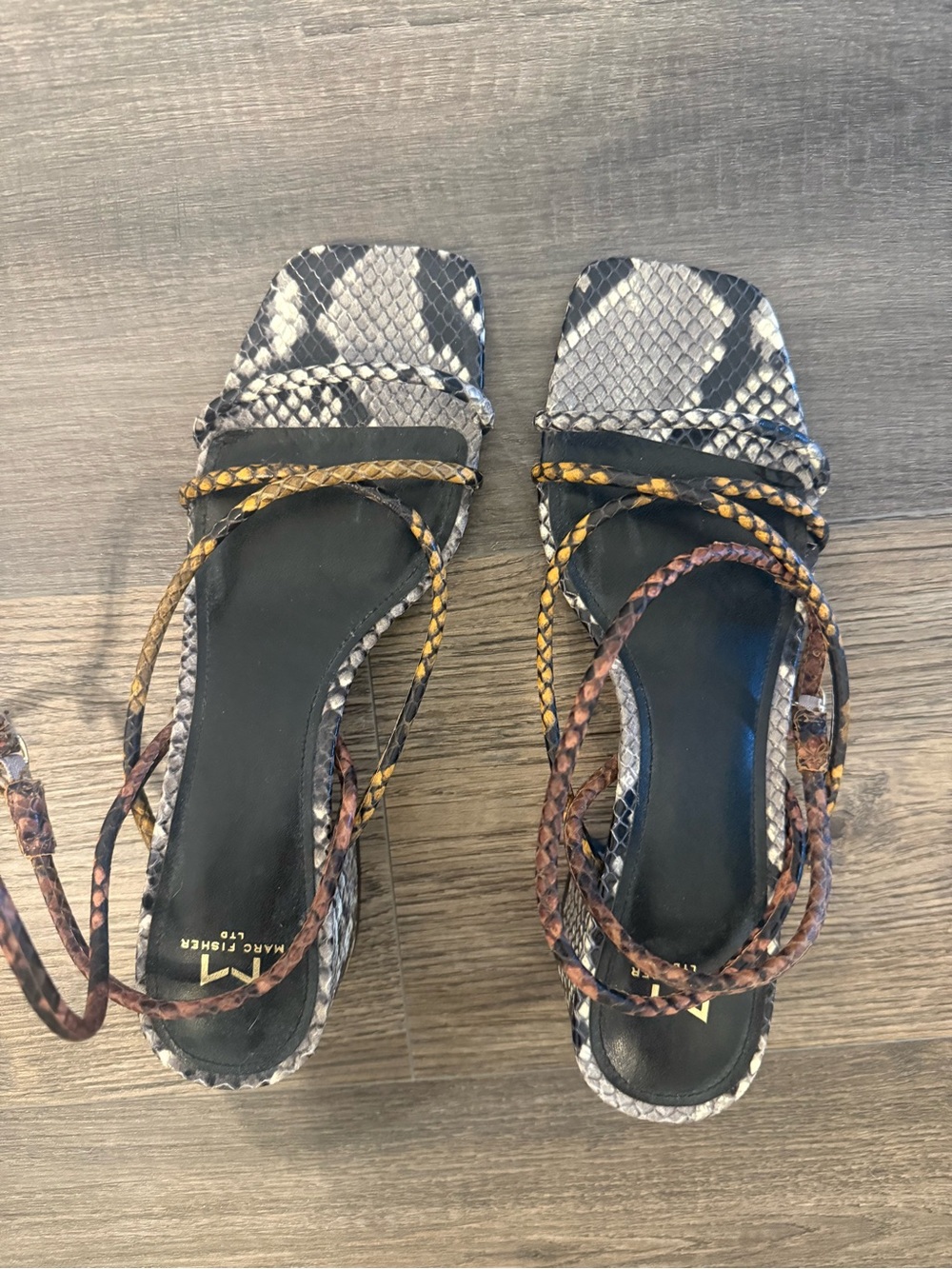 Marc Fisher Snake-Print Wrap Sandals in Black and Brown